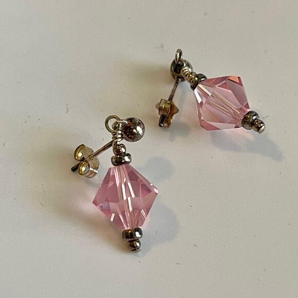 Rose Pink Austrian Crystals & Pearls 16” Necklace Matching Post earrings Set - Picture 10 of 11